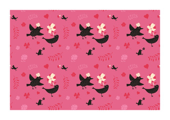Seamless romantic pattern with hand-drawn hearts, birds, diamonds, leaf, flowers. Cute romantic doodle. Ready template for design, postcards, print, poster, party, Valentine's day, vintage textile.
