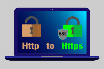 http and https protocols on shield. Safe and Secure https. Secured ssl shield and padlock symbols. http and https protocols on shield on laptop screen. 