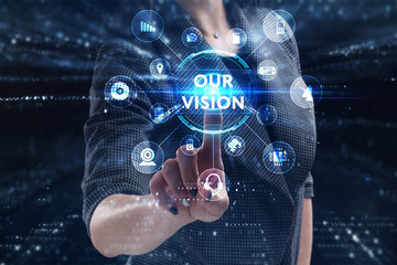 Business, Technology, Internet and network concept. Young businessman working on a virtual screen of the future and sees the inscription: Our vision