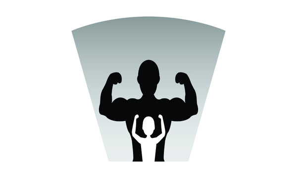 Silhouette of a boy hope making a muscle pose in front of a strong shadow body, An older boy in a silhouette of sunset strikes a muscle pose, fitness dream bodybuilding illustration on a white backgro