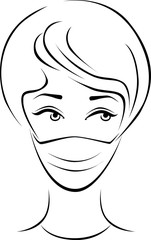 Vector illustration of a female face with short hair in a protective medical mask