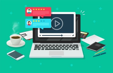 Video webinar content review comments testimonials feedback online on laptop computer or pc reputation rate chat evaluation desk vector flat, internet or web video player with rating survey modern