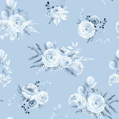 Seamless floral pattern. Watercolor flowers, blue rose, eucalyptus leaves, berries, peony. Shabby chic. Cornflower background. Monochrome color.