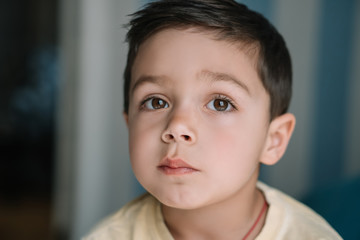 portrait of pensive, adorable brunette boy with brown eyes