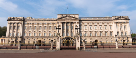 Landscape panoramic of Buckingham Palace, London, England first thing in the morning.