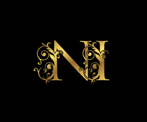 Luxury Gold N, I and NI  Letter Floral logo. Vintage Swirl drawn emblem for weeding card, brand name, letter stamp, Restaurant, Boutique, Hotel.
