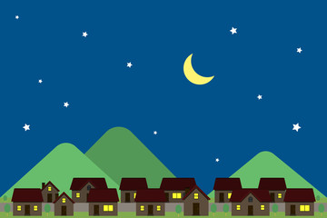 Obraz na płótnie Canvas 夜の住宅街の風景　月、夜空、星、山
