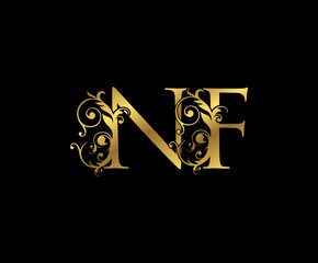 Luxury Gold N, F and NF Letter Floral logo. Vintage Swirl drawn emblem for weeding card, brand name, letter stamp, Restaurant, Boutique, Hotel.