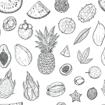 Seamless pattern of tropical fruits. Vector cartoon background. Hand-drawn style.