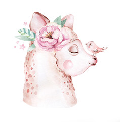 Cute watercolor llama, alpaca illustration isolated on white. Llama print ethnic blanket, flowers wreath, floral bouquet and boho mexican decoration