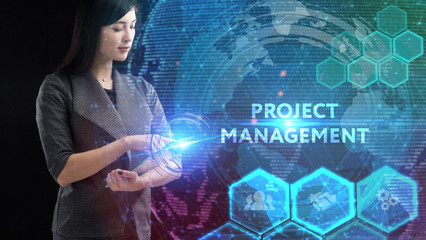 Business, Technology, Internet and network concept. Young businessman working on a virtual screen of the future and sees the inscription: Project management