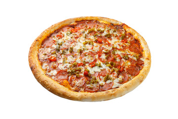 Delicious hot italian Pizza Pepperoni with sausages, chili pepper and cheese mozzarella