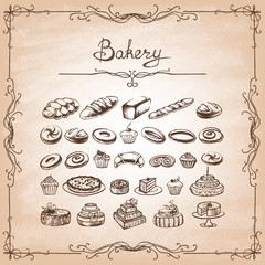 Vintage Bakery Poster. Freehand drawing on old paper, bread and other pastries Retro vintage style food design. Vector illustration.