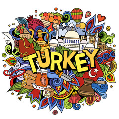 Turkey hand drawn cartoon doodles illustration. Funny travel design.