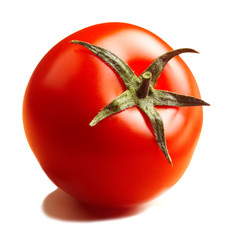 Whole ripe tomato with stalk against white background
