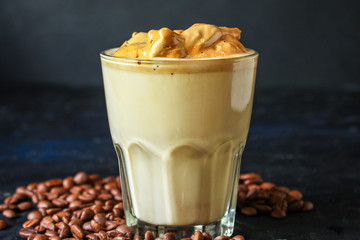 Dalgona coffee trend ice drink
cappuccino or latte fluffy creamy whipped
Menu concept healthy eating. food background top view copy space