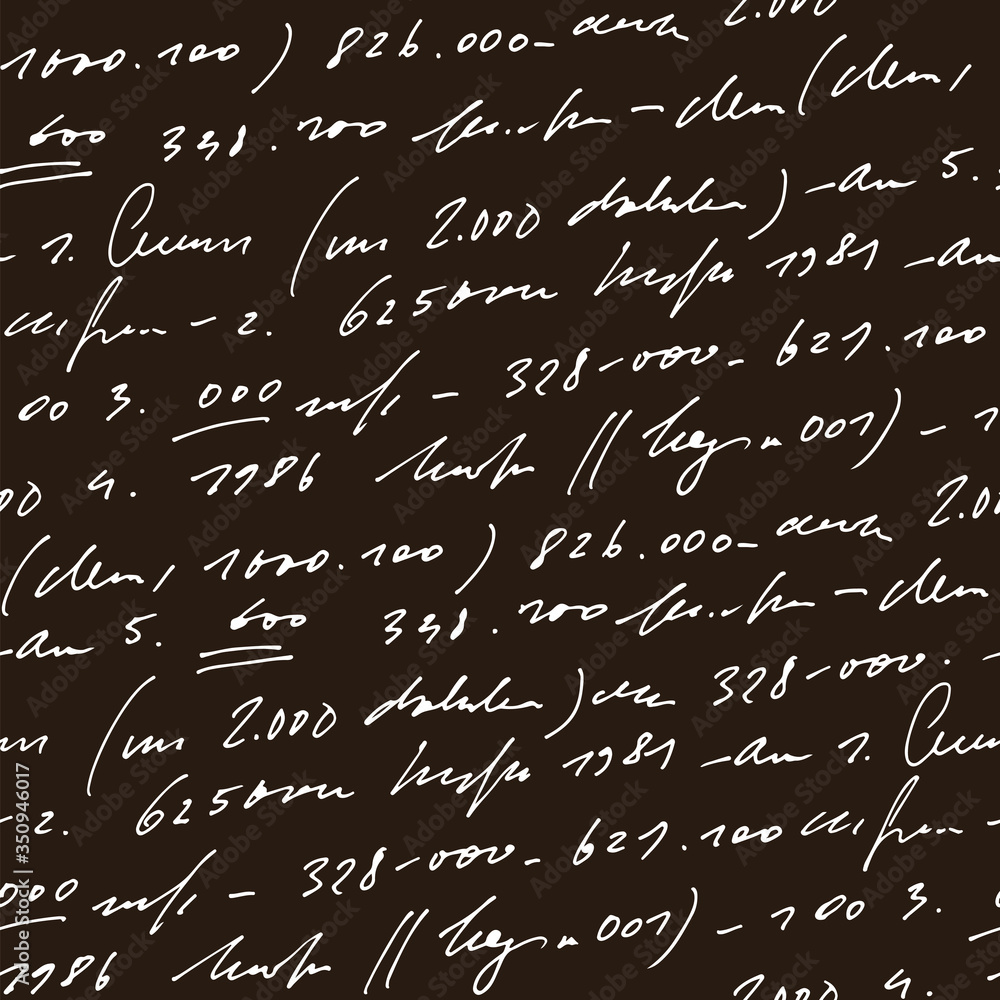 Poster Handwritten abstract text and numbers vector seamless pattern, vector monochrome script isolated on blackboard background, mathematics and accounting backdrop