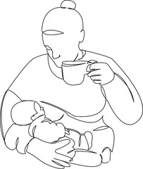 mother is breastfeeding and drinking tea