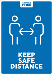 Keep safe distance. Covid-19 free zone poster. Signs for shops, stores, hairdressers, establishments, bars, restaurants ...