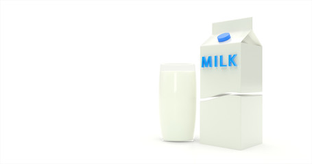 Milk pack with glass of milk on white background. 3d illustration.