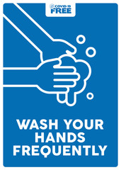 Wash your hands frequently. Covid-19 free zone poster. Signs for shops, stores, hairdressers, establishments, bars, restaurants ...