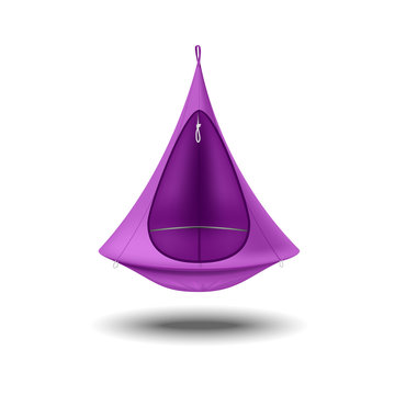 Hammock Chair Purple Color. Furniture For The Rest And Travel. Vector Illustration Of Sun Loungers Cocoon Form. Swing Hanging Chair.
