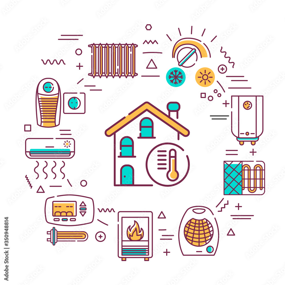 Poster heating devices web banner. infographics with linear icons on white background. creative idea concep