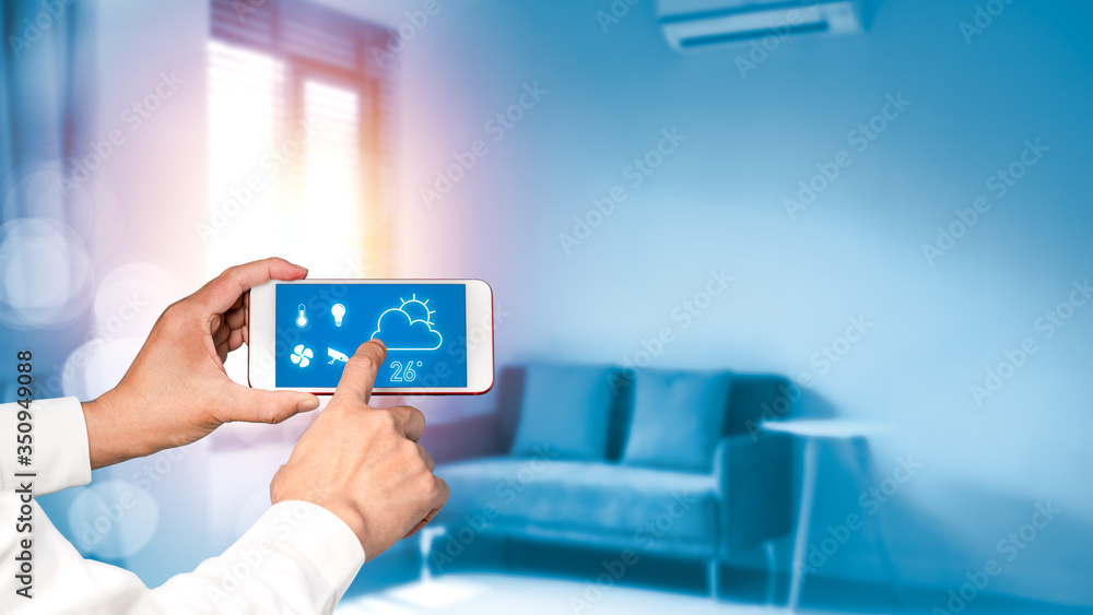 Poster assistant smart home automation futuristic interface. man's finger touch on smart phone screen.