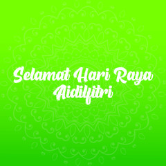 Word Selamat Hari Raya in Malay, in English is Eid Mubarak with green gradient background and pattern abstract design.