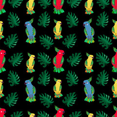 Tropical seamless pattern with parrots and monstera on black background. Vector design.