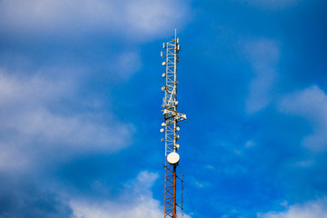 Telecommunication tower of 4G and 5G cellular. Antenna transmission communication. Cell phone signal base station.