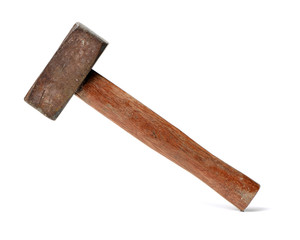 old sledge hammer with wooden handle on a white background