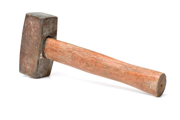 old sledge hammer with wooden handle on a white background