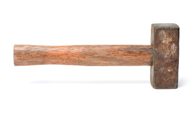 old sledge hammer with wooden handle on a white background