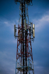 Telecommunication tower of 4G and 5G cellular. Antenna transmission communication. Cell phone signal base station.