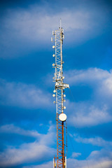 Telecommunication tower of 4G and 5G cellular. Antenna transmission communication. Cell phone signal base station.