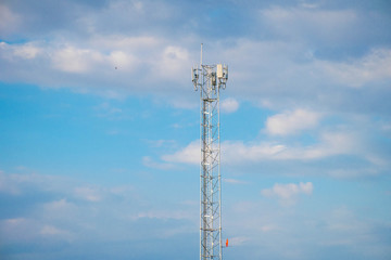 Telecommunication tower of 4G and 5G cellular. Antenna transmission communication. Cell phone signal base station.
