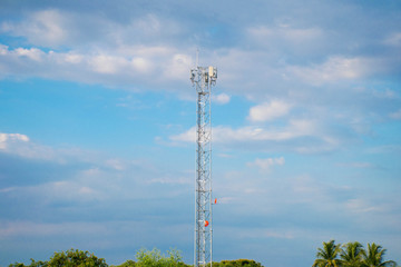 Telecommunication tower of 4G and 5G cellular. Antenna transmission communication. Cell phone signal base station.