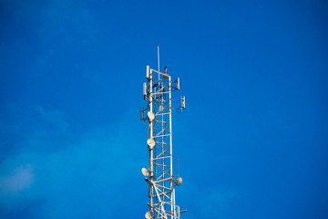 Telecommunication tower of 4G and 5G cellular. Antenna transmission communication. Cell phone signal base station.