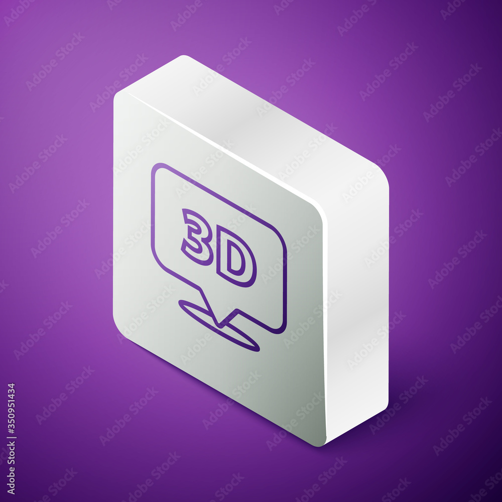 Poster isometric line speech bubble with text 3d icon isolated on purple background. silver square button