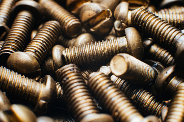 Close-up, macro. Old Soviet brass pan head screw with a flat head screwdriver. Texture, background of screws. Gold color screws. Dirty wood screws in oil. Brass scrap metal