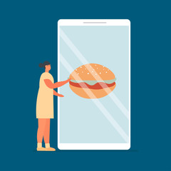 Online food ordering through the app. Woman chooses hamburger online. Cartoon vector illustration