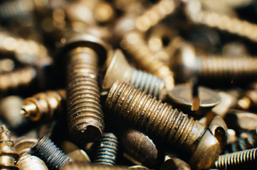 Close-up, macro. Old Soviet brass pan head screw with a flat head screwdriver. Texture, background of screws. Gold color screws. Dirty wood screws in oil. Brass scrap metal