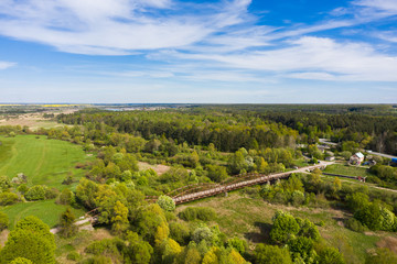 Aerial view of the old Prussian bridge in Talpaki village, Russia