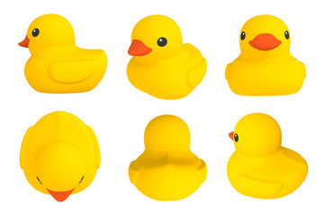 Yellow set rubber duck isolated. Bath toys on a white background. 3d rendering.