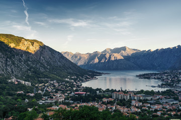 Sunrise panoramic morning view of mountain randge and Kotor bay, Montenegro. View from the top of...