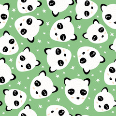 Seamless pattern with a cute Panda on a green background. Vector illustration with a Panda. Doodle style. Design of packaging paper, fabrics, and clothing. A tropical animal. Textile print.  