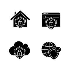 Internet security system black glyph icons set on white space. Smart home lock. Cloud computing safety. Personal information protection. Silhouette symbols. Vector isolated illustration