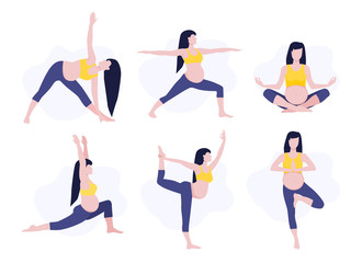 Fototapeta na wymiar Vector illustration set of pregmant girl or woman doing yoga class. Healthy fitness pregnant, sport in pregnancy. Home activity, healthy lifestyle.