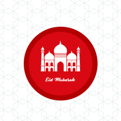 Word Eid Mubarak with Circle background color and with white grey pattern background.